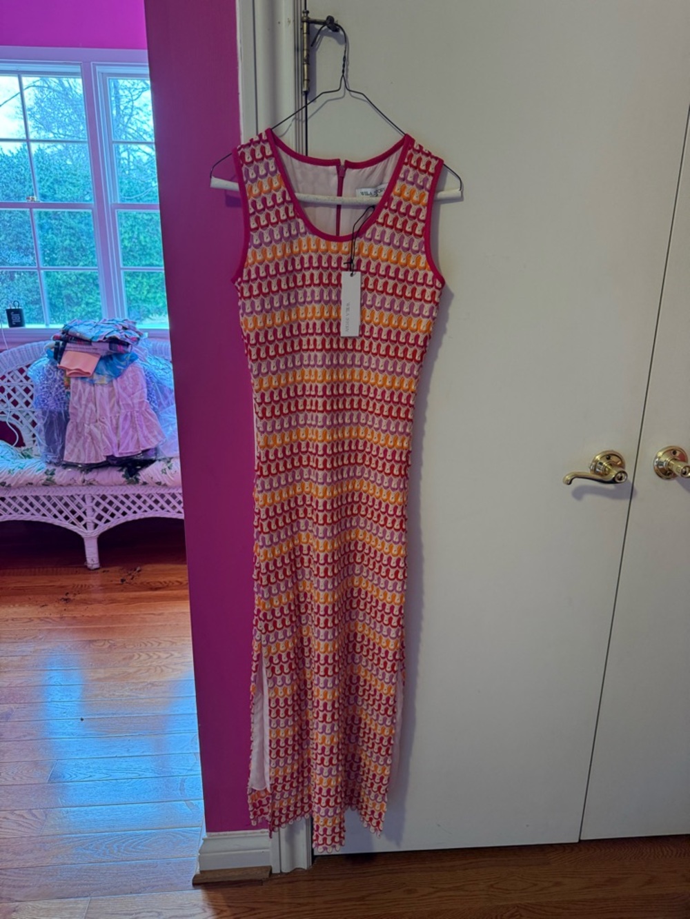 Sleeveless Pink & Yellow Knit Maxi Dress with V-Neck